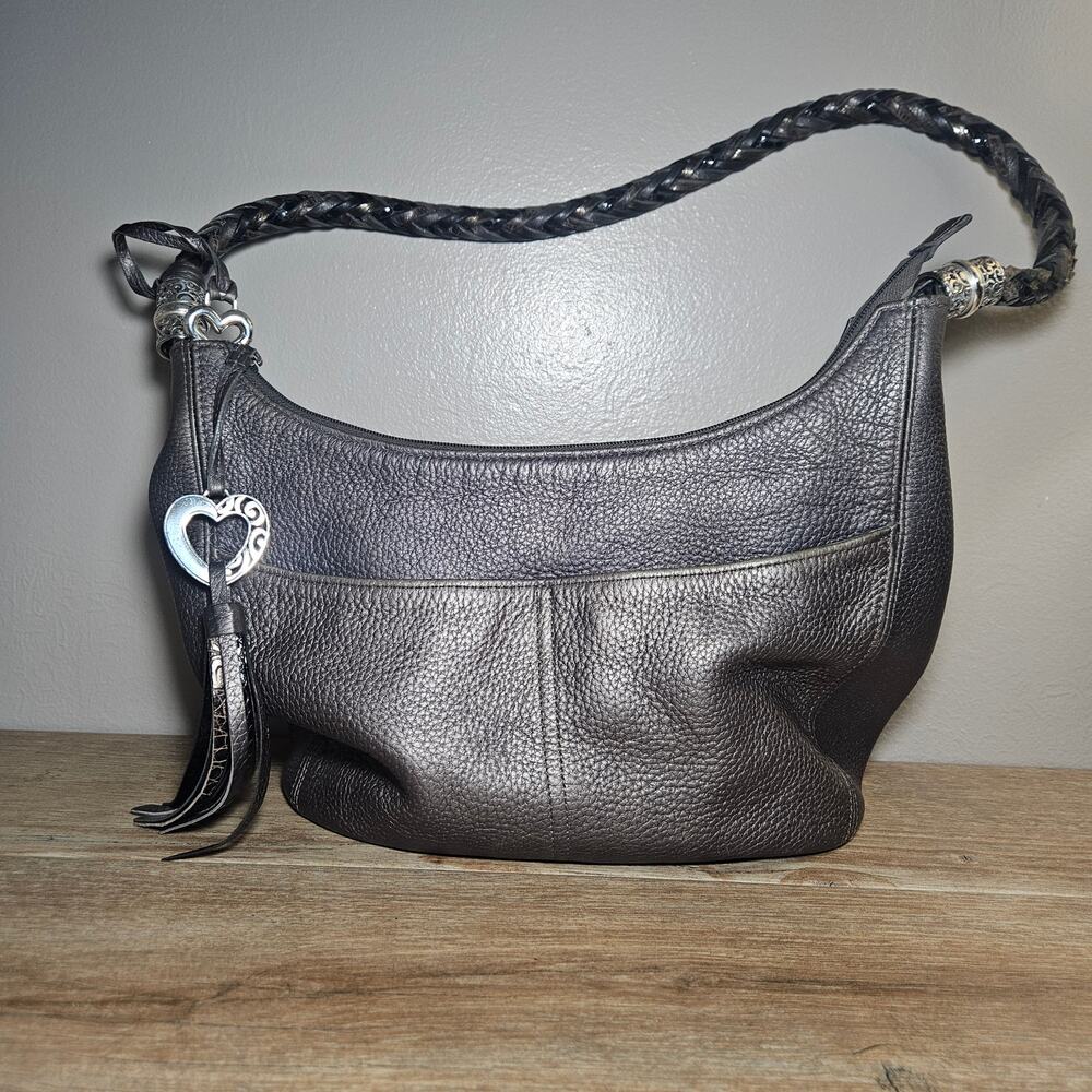 Brighton Barbados Pewter Metallic Leather Hobo Shoulder Bag Boho Western